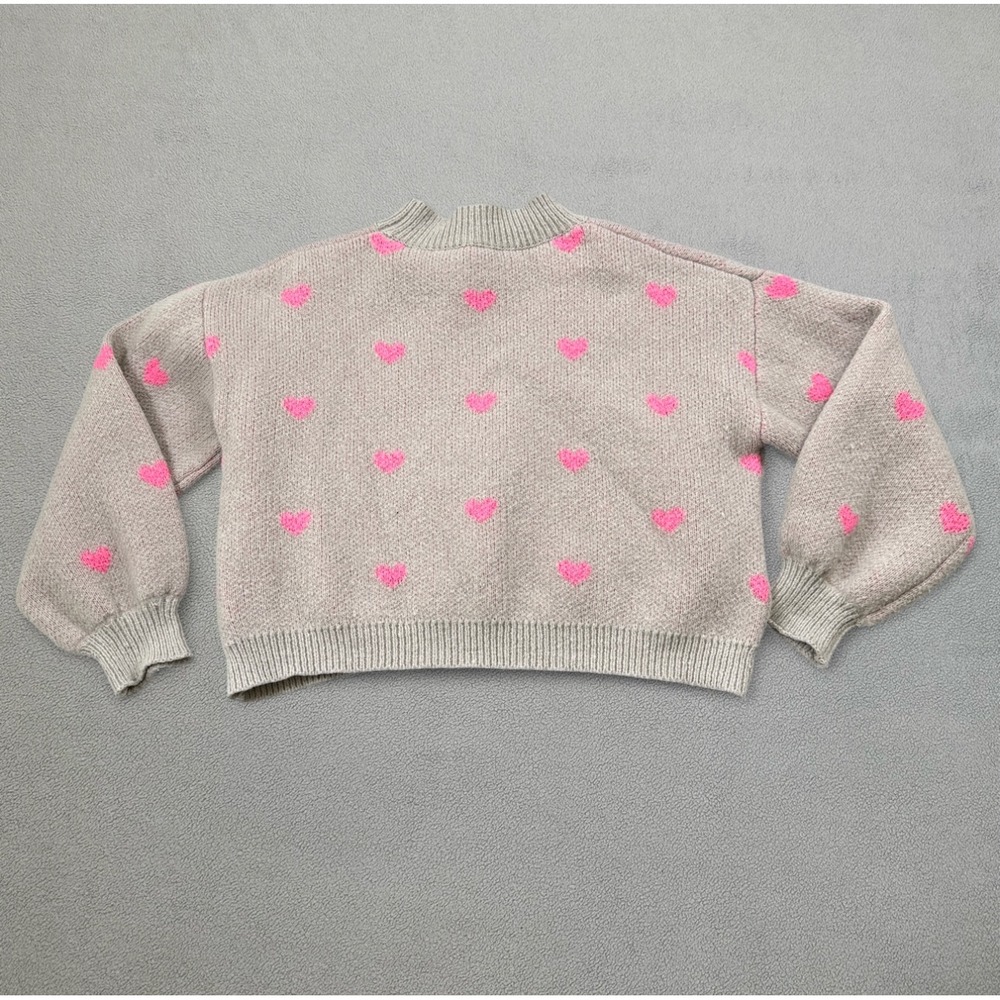 Shein Sweater Womens S Gray Pink Hearts Mock Neck Balloon Sleeve Relaxed Cozy